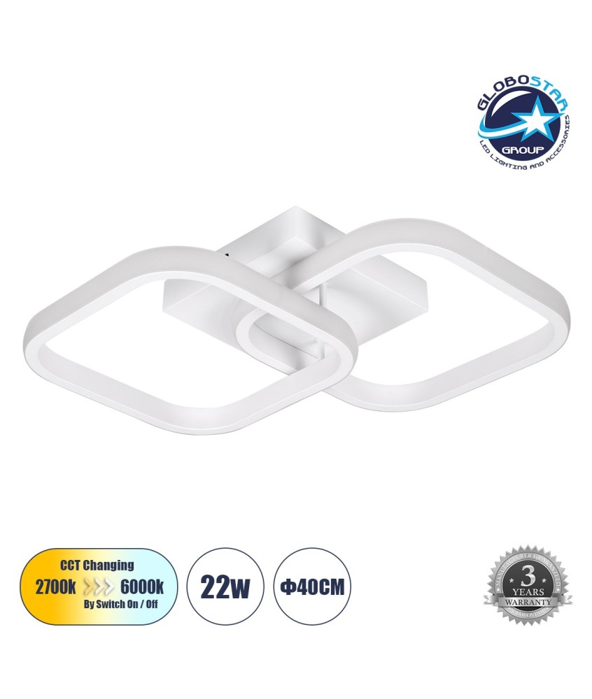 GLOBOSTAR® NORA 61062 Μοντέρνο Φωτιστικό Οροφής LED 22W 2640lm 300° AC 220-240V IP20 Ρυθμιζόμενο Λευκό CCT με On-Off 2700K-4500K-6000K - Lumileds SMD Chip - Λευκό Ματ - Μ40 x Π24 x Υ7cm - 3 Χρόνια Εγγύηση